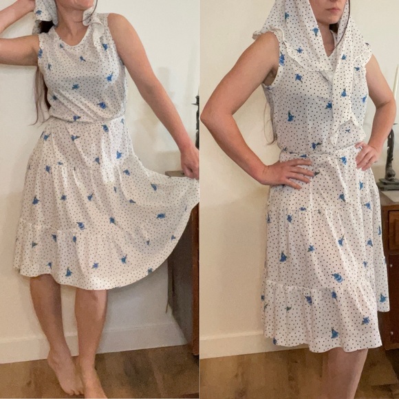 Vintage Dresses & Skirts - Vintage 70s 2 Piece set white Polka Dot Dress w/ Flowers matching shawl M Medium
